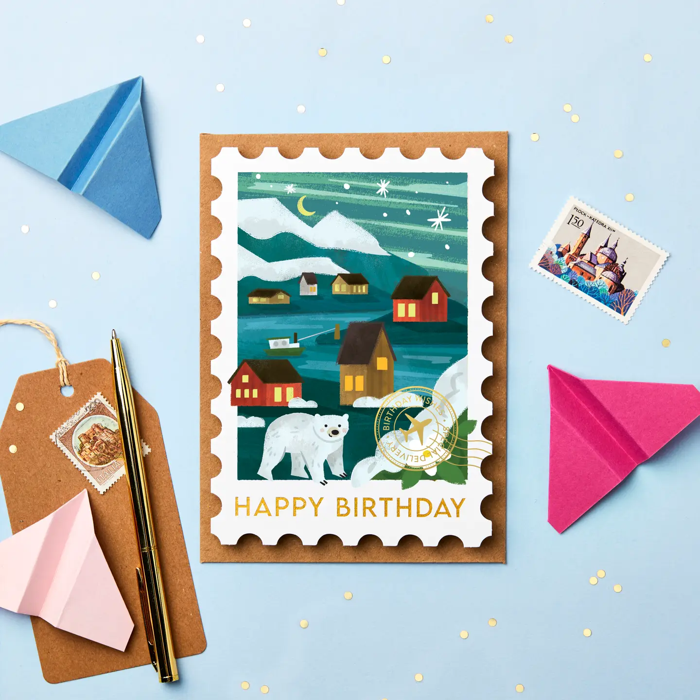 Northern Lights Stamp Birthday Card-min