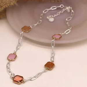Peach and Pink Stones Chain Necklace-min
