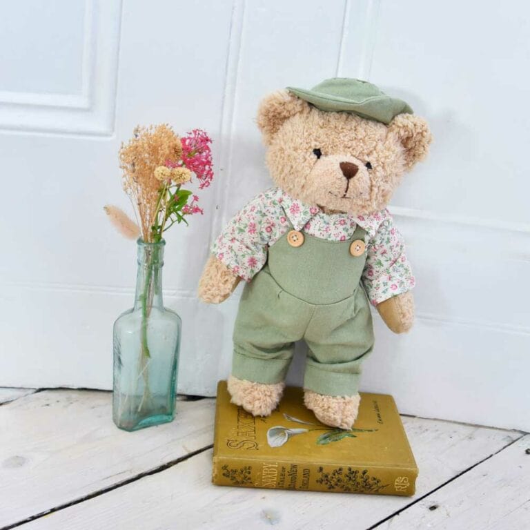 Teddy Bear Wearing Green Dungarees And Hat-min