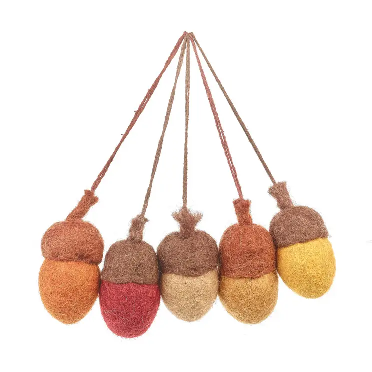 Handmade Felt Autumnal Acorns Set of 5 Hanging Decorations
